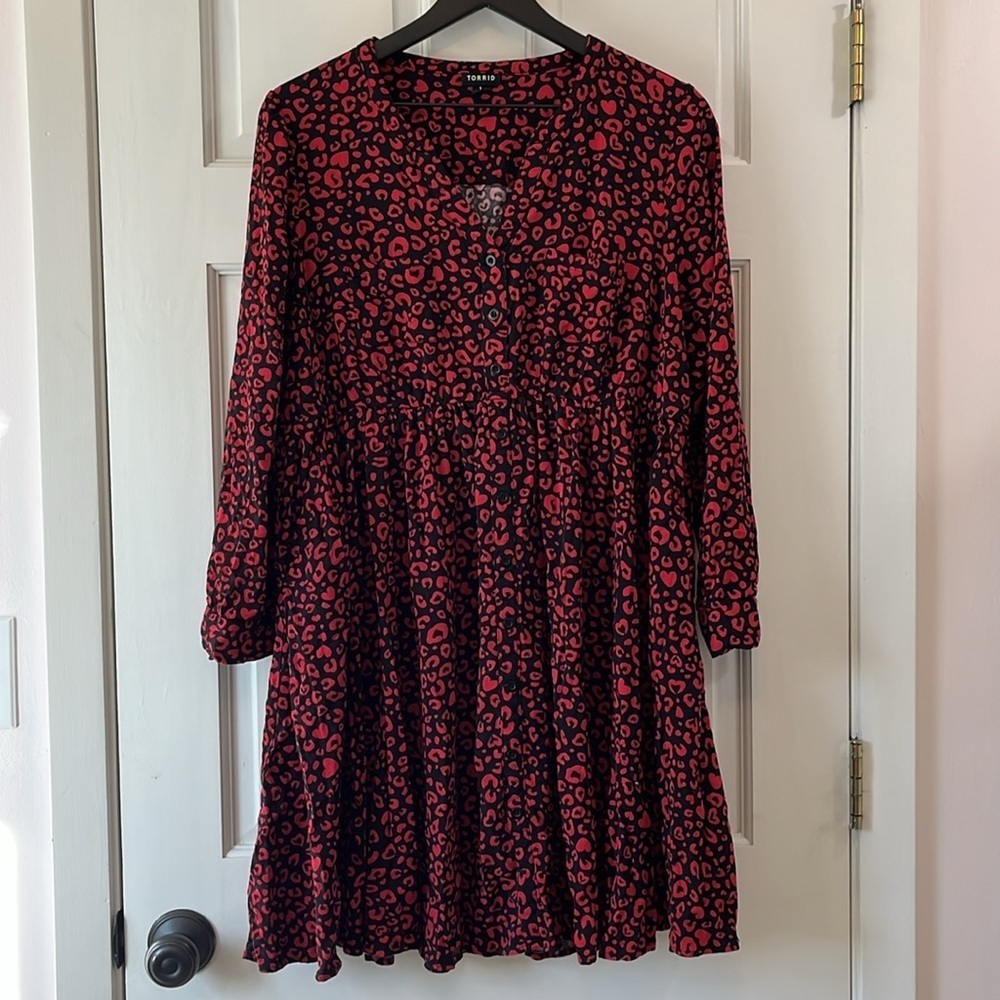 torrid Long Sleeve Mini Length Hearts & Cheetah Print Dress - Size 1X